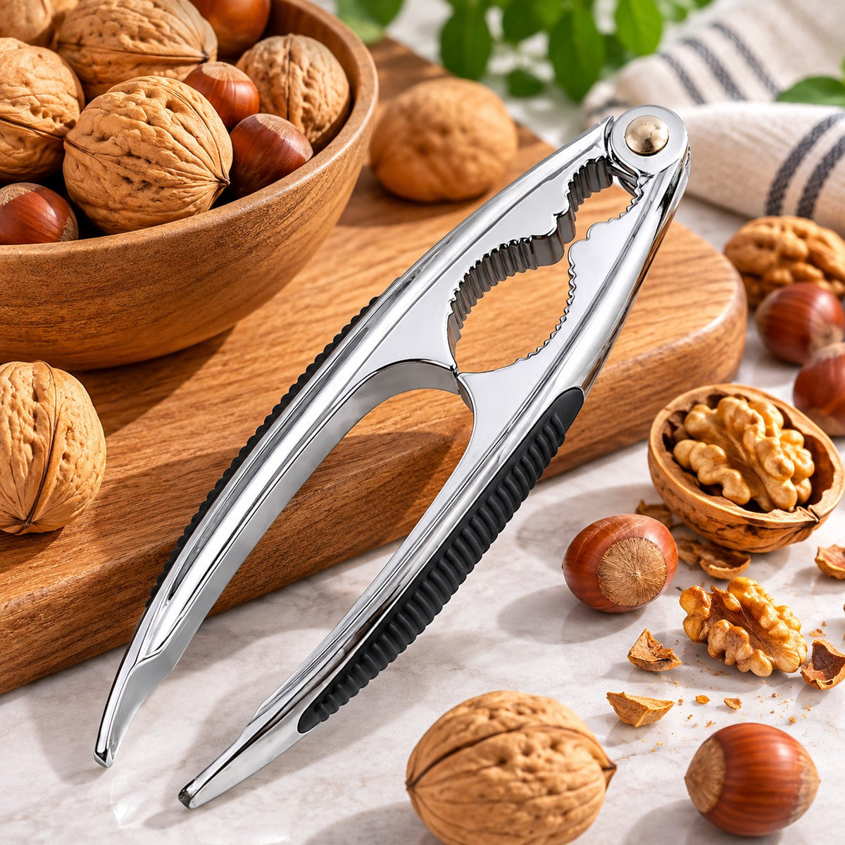 casse-noix sans effort à coté des noix dans une table 