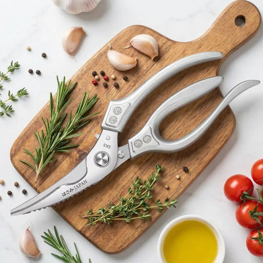 ciseau de cuisine sur une planche à découper 