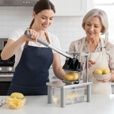 une femme qui coupe des frites avec un coupe frite 