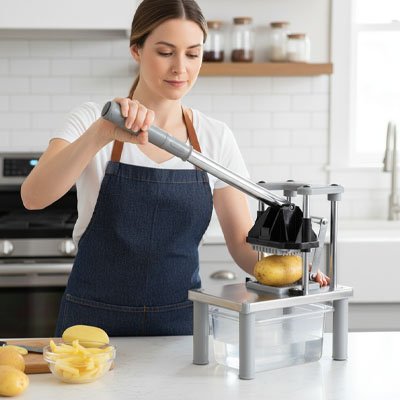 une femme qui coupe des frites avec un coupe frite manuel 