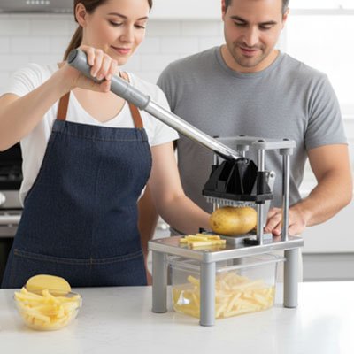 une femme qui fait des frites avec un  coupe frite professionnel 