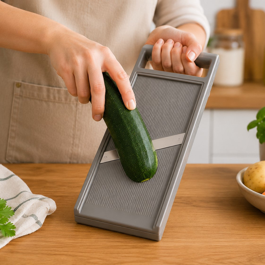 faire des tranches de courgettes avec un coupe légumes manuel 