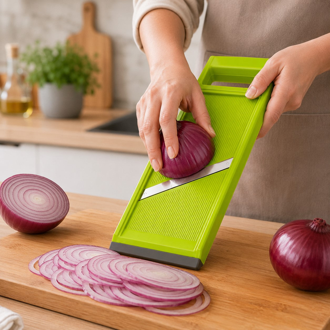 trancher des oignons avec un coupe legumes manuel 
