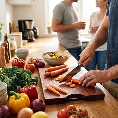  couper des légumes sur une Planche à découper bois