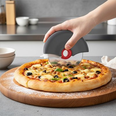 Couteau à pizza à coté d'une pizza 