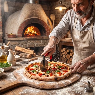 Couteau à pizza dans les mains d'un homme 