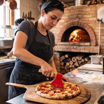 Couteau à pizza dans les mian d'une femme 