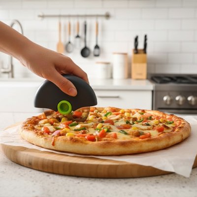 Couteau à pizza dans une main d'un homme 