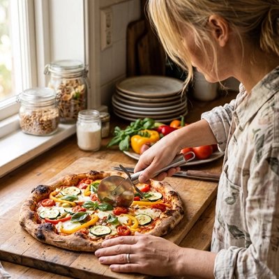 Couteau à pizza sur une planche à découper 