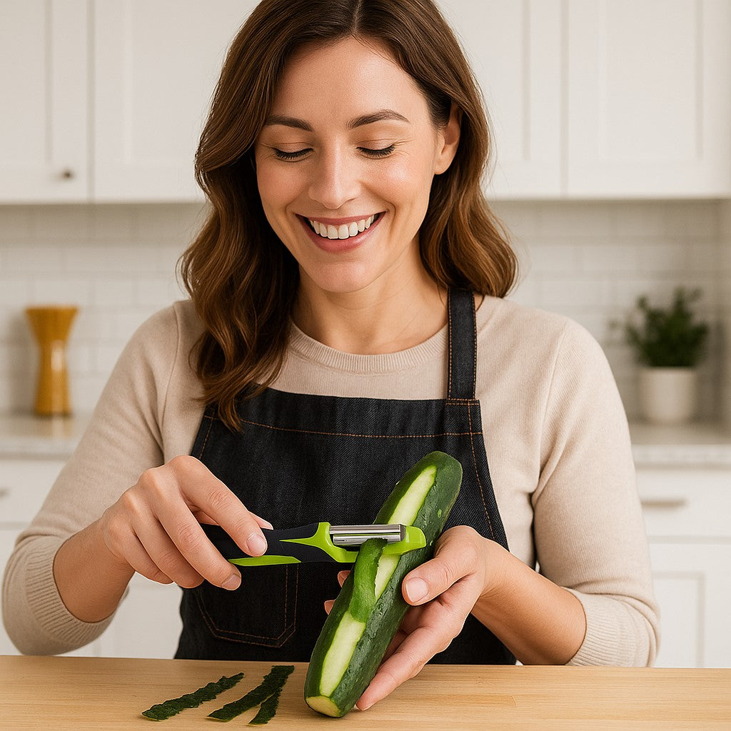 une femme qui épluche des légumes avec un econome 