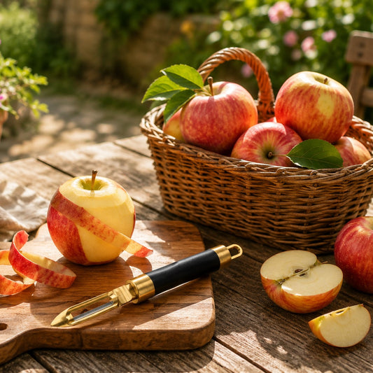 un eplucheur de pomme sur une table de jardin 