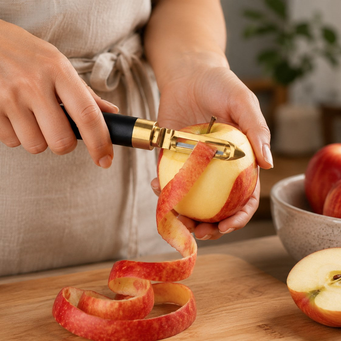 une femme qui epluche une pomme ave un eplucheur de pomme 