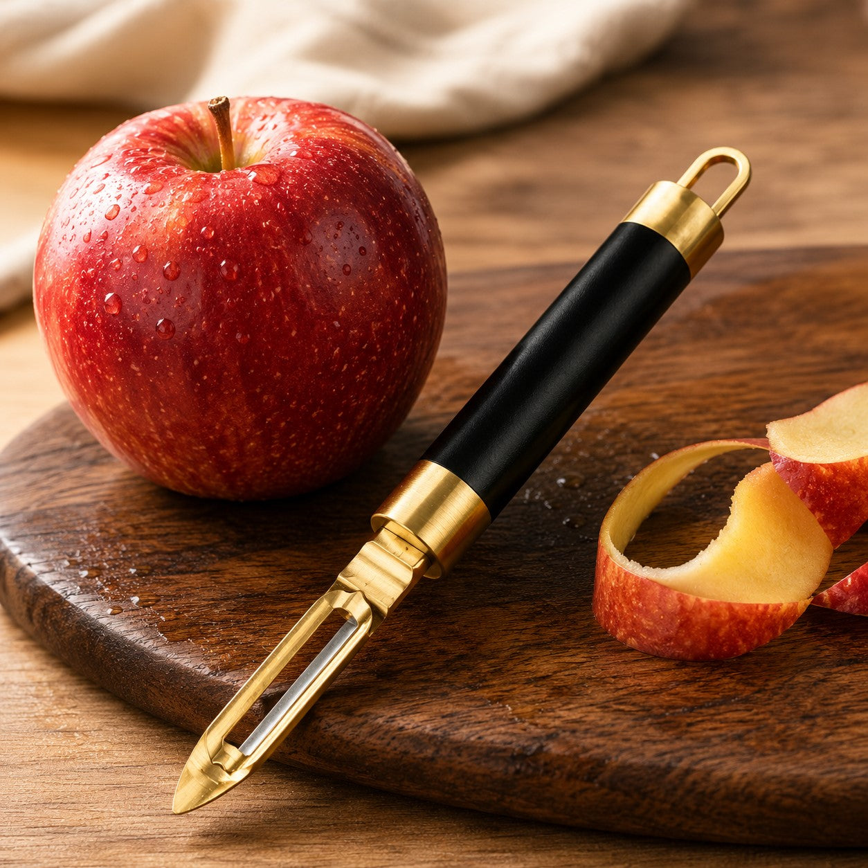 un eplucheur de pomme à coté d'une pomme 