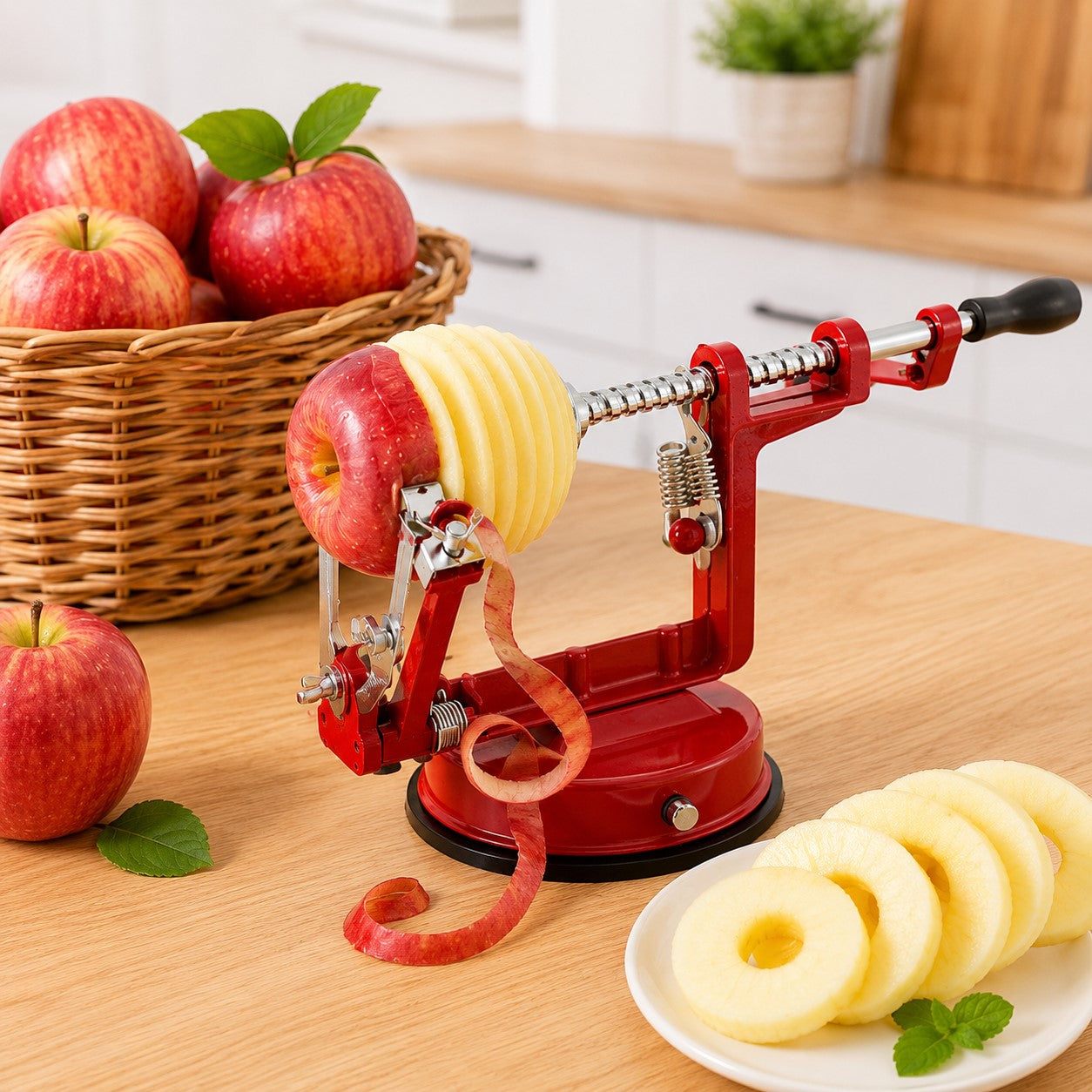 eplucheur pomme rouge sur une table de cuisine 