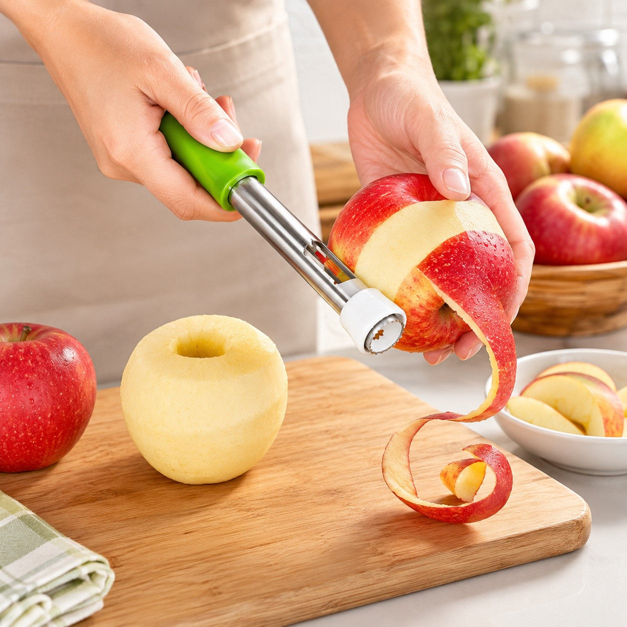 une femme qui epluche les pommes avec un eplucheur pomme 