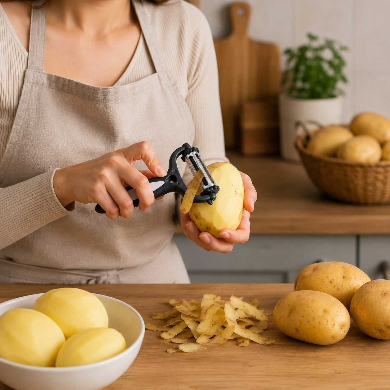 une femme qui utilise un eplucheur pomme de terre 
