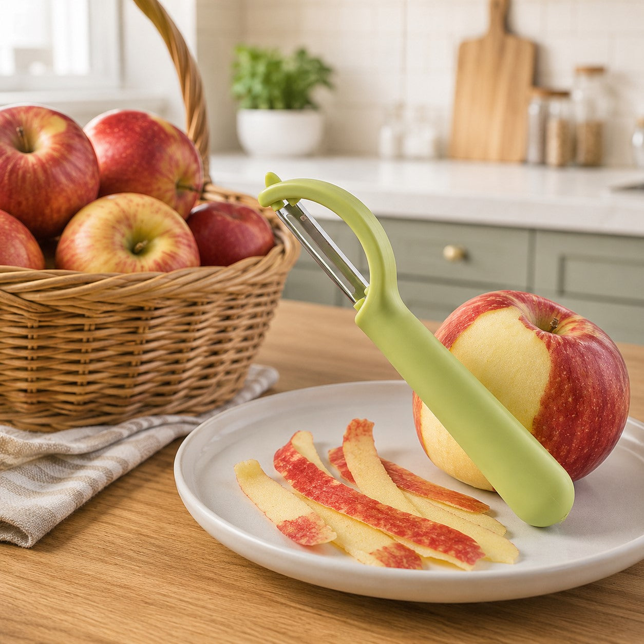 un eplucheur pomme sur une table de cuisine 