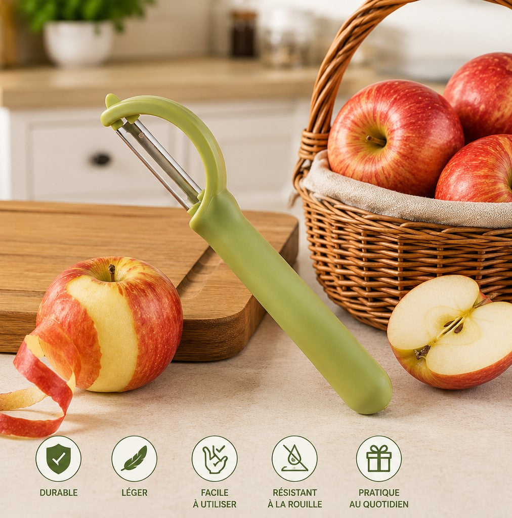 un eplucheur pomme sur la table de cuisine 