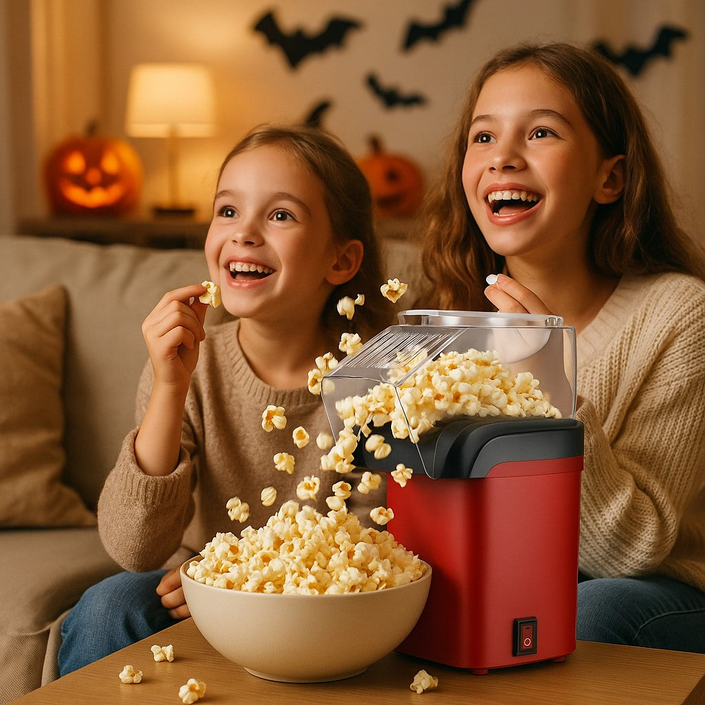 les fille  qui regarde un film avec une machine à pop corn à coté 