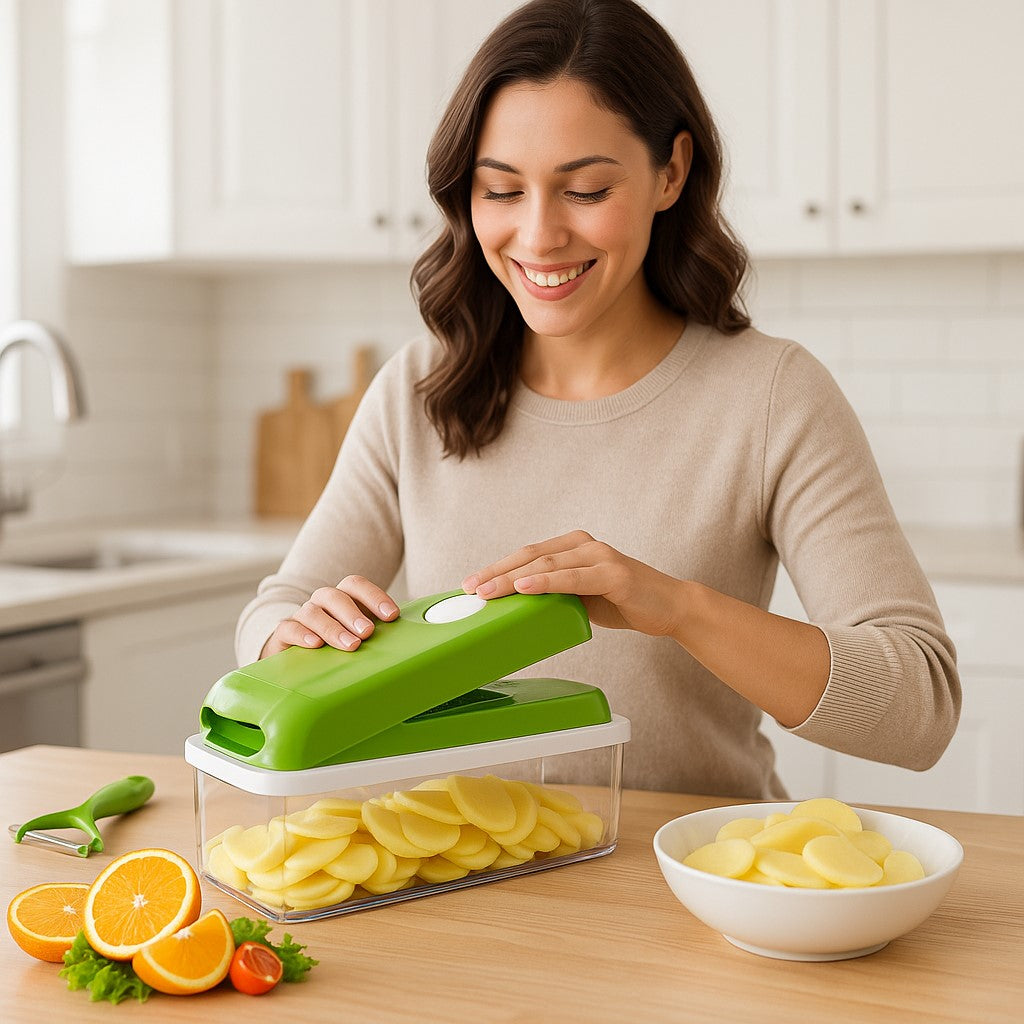 une femme qui coupe des légumes avec une mandoline cuisine 