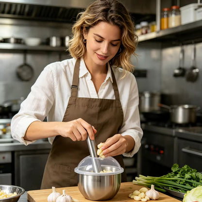 une femme qui utilise un mortier pour cuisine 