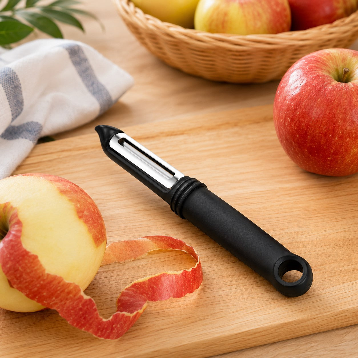 un pèle pommes sur une table de cuisine 