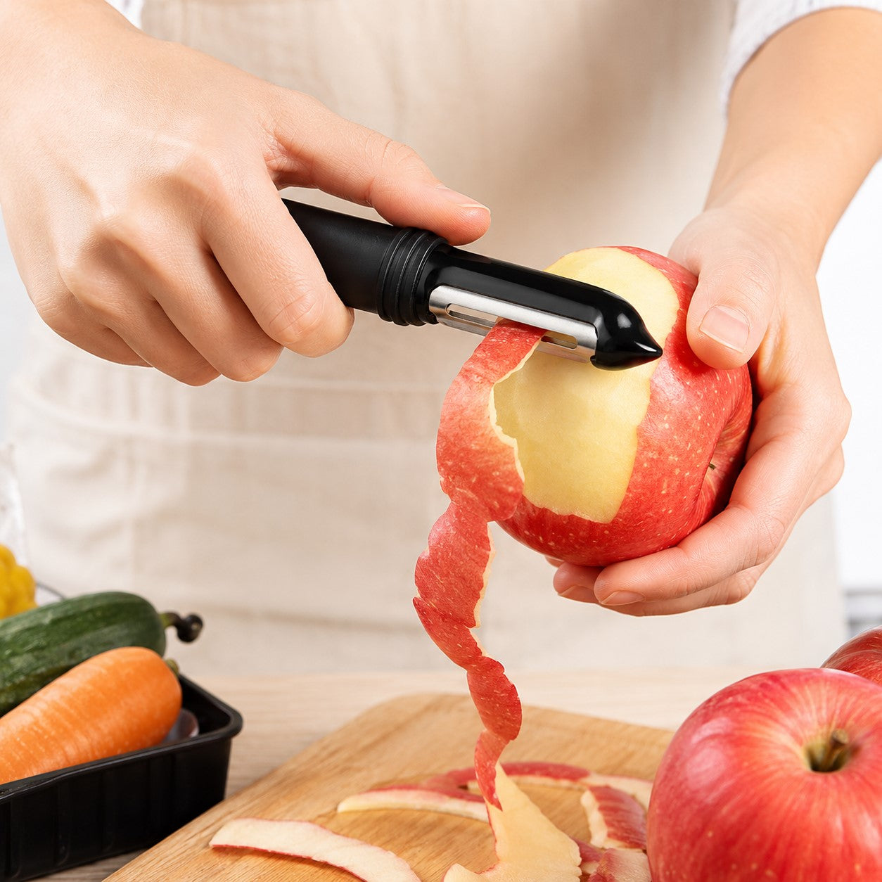 une femme qui epluche une pomme avec un pèle pommes 