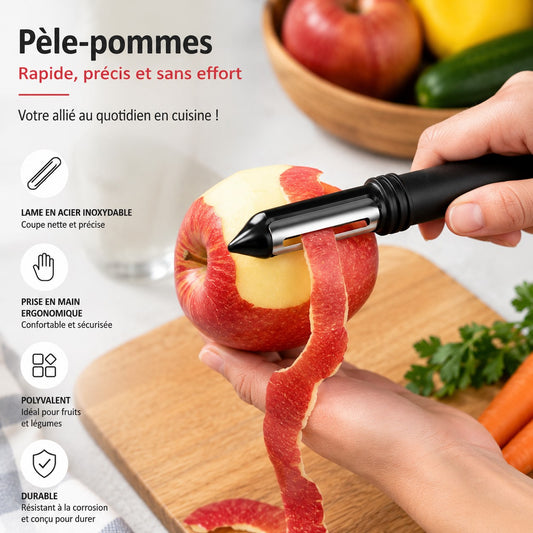 une femme qui epluche une pomme avec un pèle pommes 