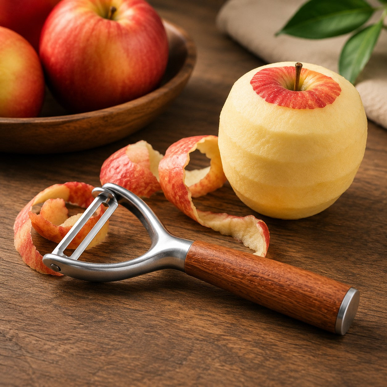 un pele pomme sur une table de cuisine 