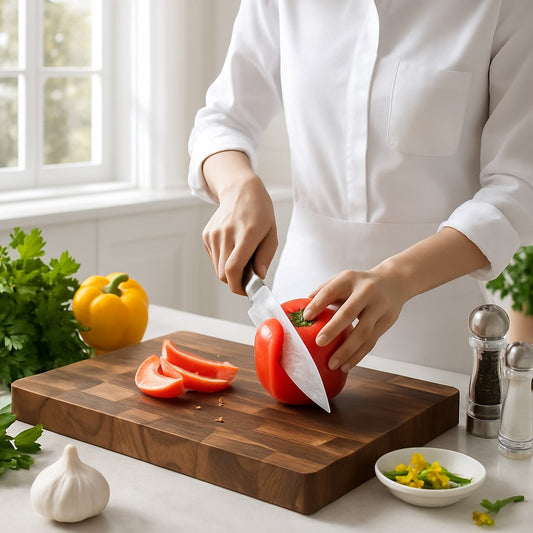 couper des poivrons sur une planche a decouper en bois 