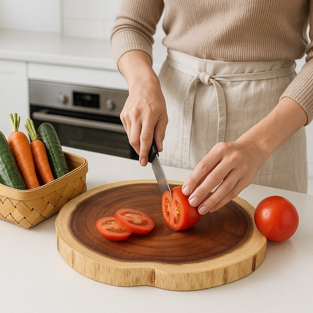 une femme qui coupe des tomates sur une planche a decouper 
