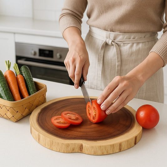 une femme qui coupe des tomates sur une planche a decouper 