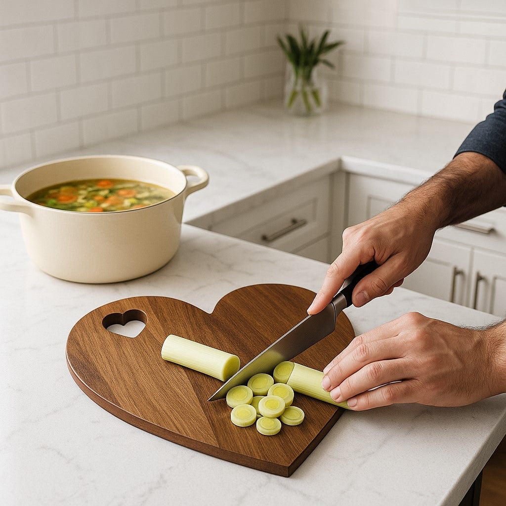 un homme qui coupe des poireaux sur une planche a decouper en frome de cœur 