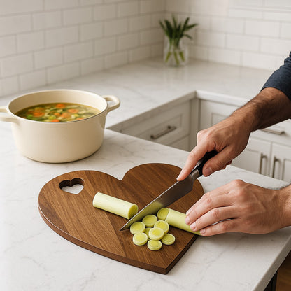 un homme qui coupe des poireaux sur une planche a decouper en frome de cœur 