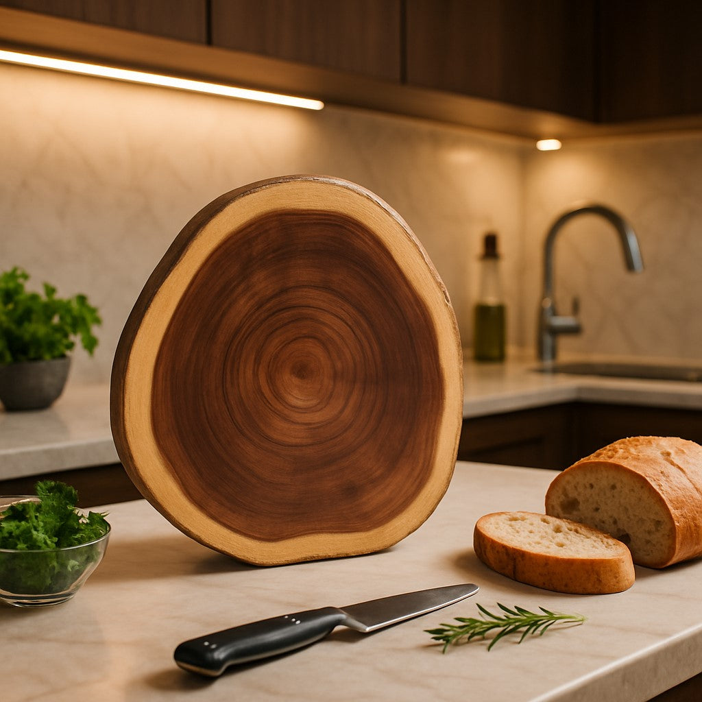 une belle planche a decouper en bois d'acacia dans une belle cuisine 