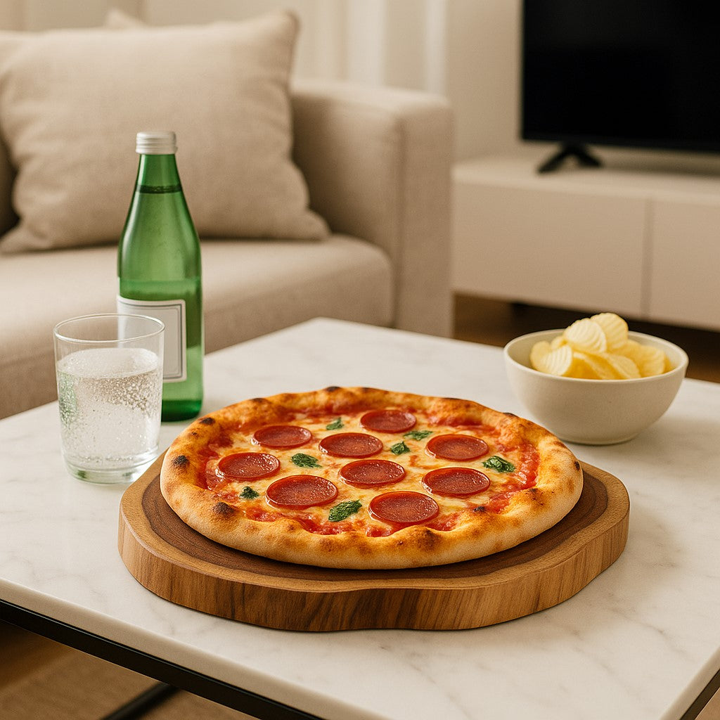 une planche a decouper en acacia avec une pizza a coté 