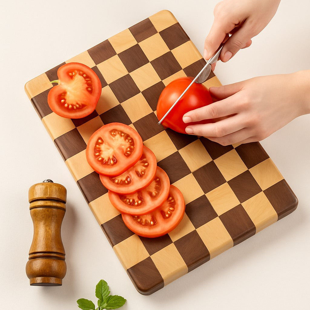 couper des tomates sur une planche a decouper en bois 