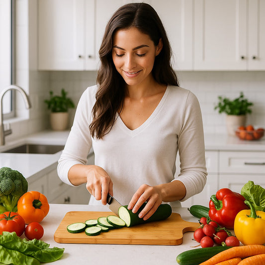 une femme qui découpe des courgettes sur une planche a decouper en bois 