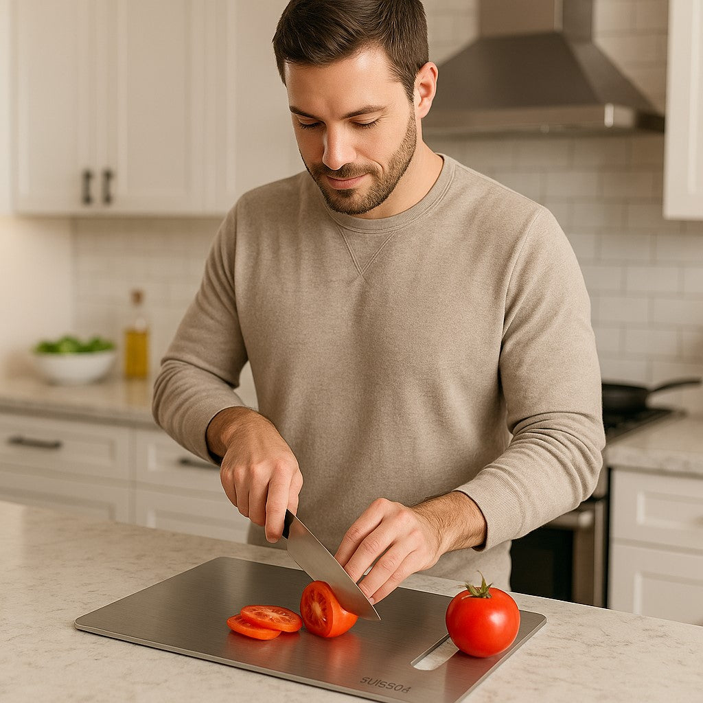 un homme qui des tomates sur une planche a decouper en titane 