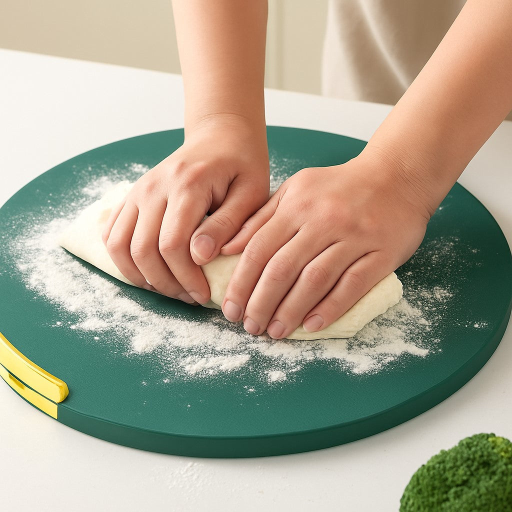 pétrir la pate sur une planche a decouper ronde verte 
