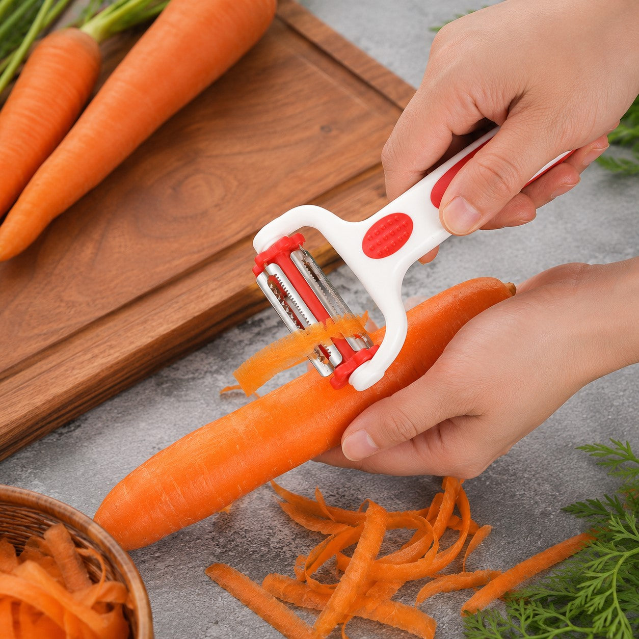 une femme qui épluche des carottes avec un éplucheur à pommes 