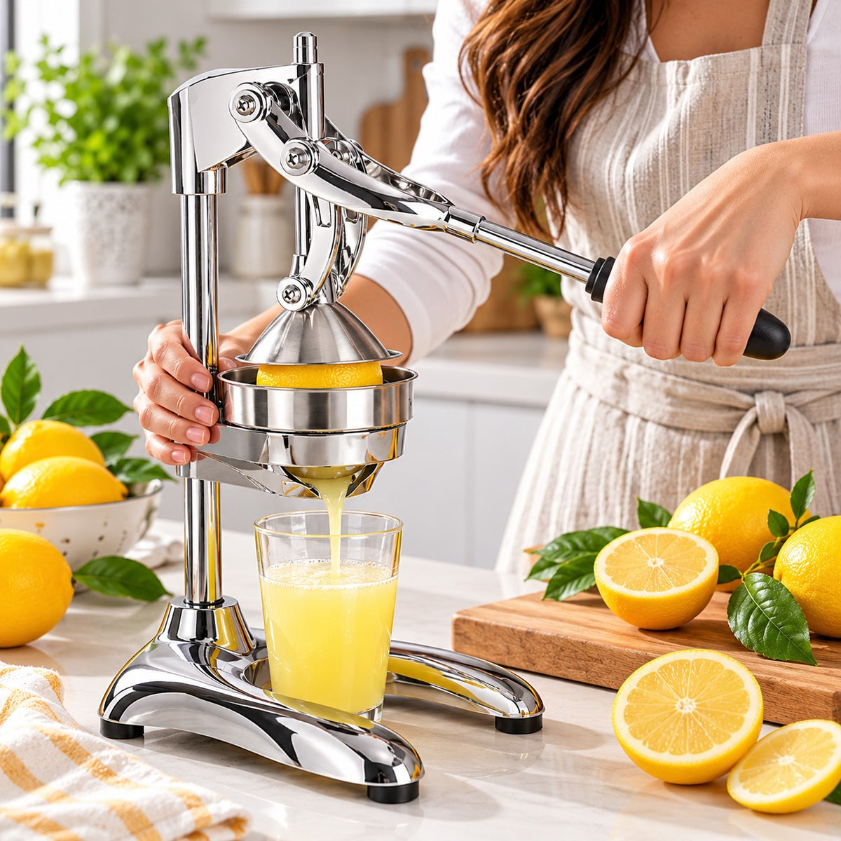une femme qui presse un jus de citron avec un press agrume 