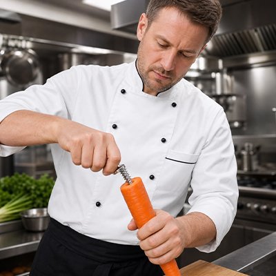  un chef qui coupe des carotte avec un Coupe légumes manuel 