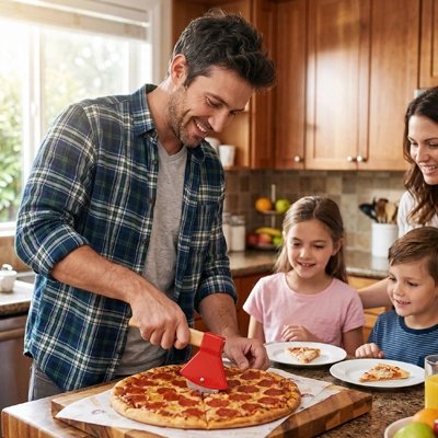 un homme coupe une pizza avec un Couteau à pizza