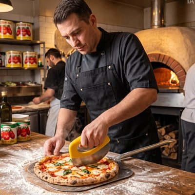 un homme coupe une pizza avec un Couteau à pizza
