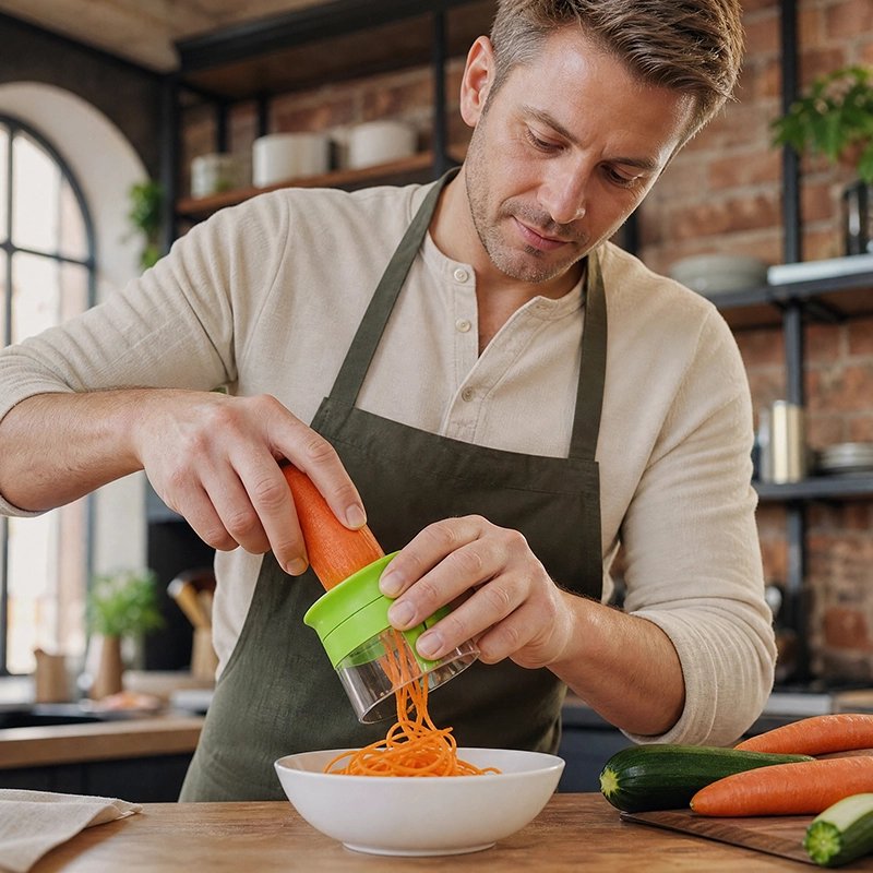 un homme qui utilise un Coupe legumes