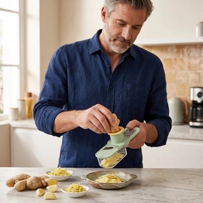  un hommes qui utilise un Coupe légumes manuelles 