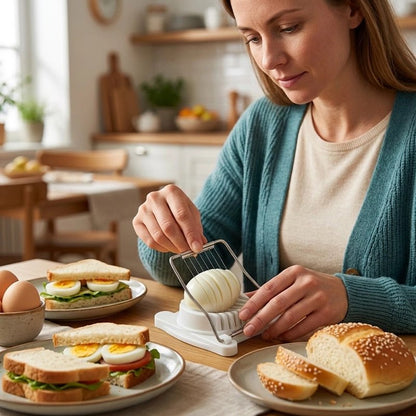  une femme qui coupe des oeufs avec un Coupe oeuf 