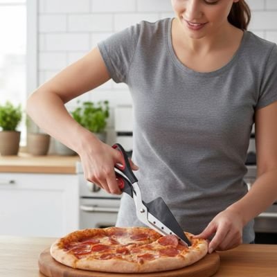  une femme qui coupe une pizza avec Ciseau cuisine 
