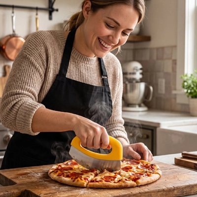 une femme qui coupe une pizza avec un Couteau à pizza